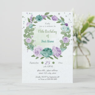 Invitation fleurs violettes bleues verdure couronne anniversa