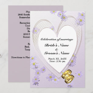 Invitation Fleurs violettes, Cadre Coeur, Anneaux, Mariage In