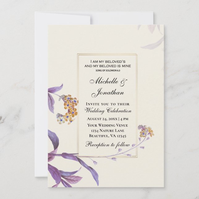 Invitation Fleurs violettes d'or moderne Mariage chrétien (Devant)