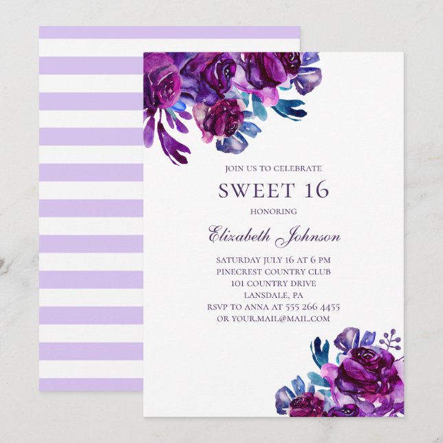 Invitation Fleurs violettes Douces 16. Anniversaire floral vi (Devant / Derrière)
