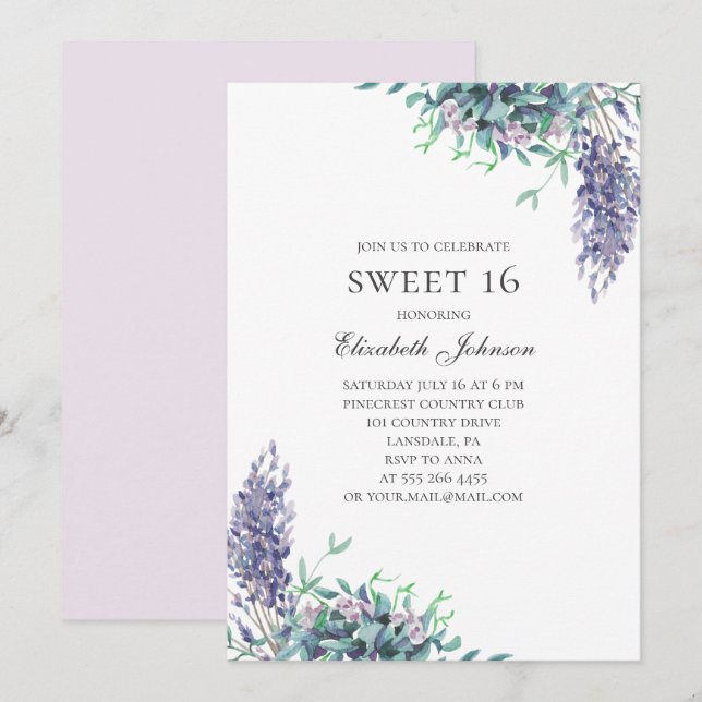 Invitation Fleurs violettes Douces 16. Lavande 16e anniversai (Devant / Derrière)