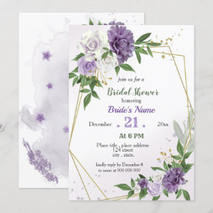 Invitation fleurs violettes & douche nuptiale feuille géométr