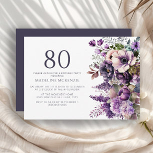 Invitation Fleurs Violettes Élégantes Anniversaire Adulte 80