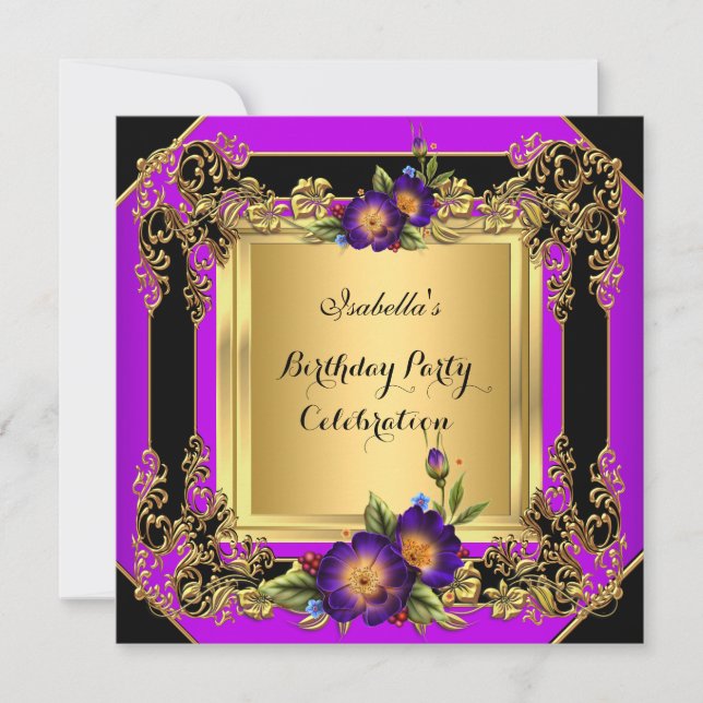 Invitation Fleurs violettes élégantes Gold Black Anniversaire (Devant)