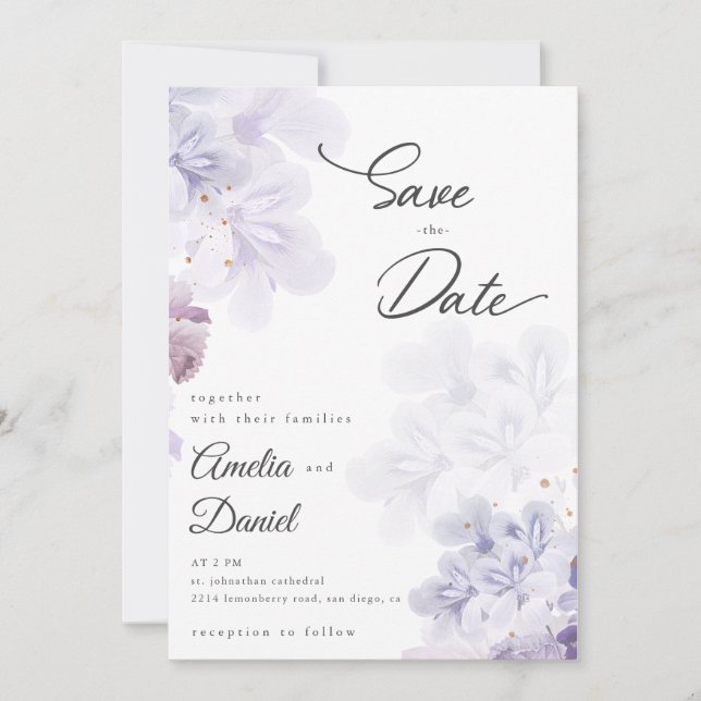 Invitation Fleurs violettes élégantes mariage Save the Date (Devant)