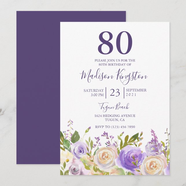 Invitation Fleurs violettes et blanches 80e anniversaire Invi (Devant / Derrière)