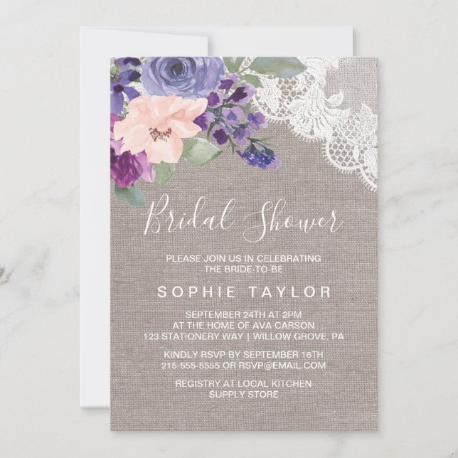 Invitation Fleurs violettes et Fête des mariées dentelle (Devant)