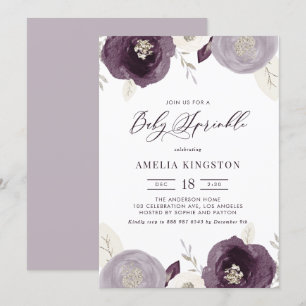 Invitation Fleurs violettes et ivoire Argent Bébé Sprinké