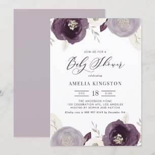 Invitation Fleurs violettes et ivoire Baby shower à huile d'a