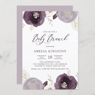 Invitation Fleurs violettes et ivoire Brunch pour bébé en arg