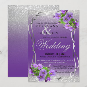 Invitation Fleurs violettes et Parties scintillant d'argent