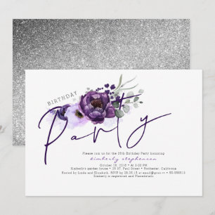 Invitation Fleurs violettes et Parties scintillant d'argent f