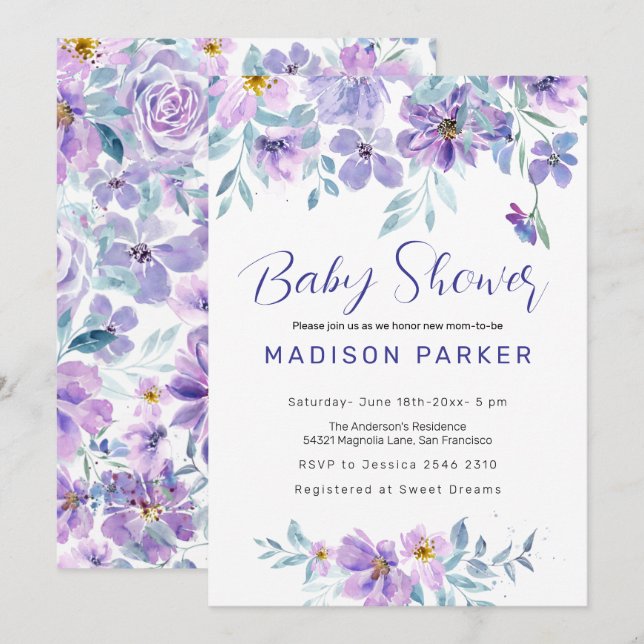Invitation Fleurs violettes et roses (Devant / Derrière)