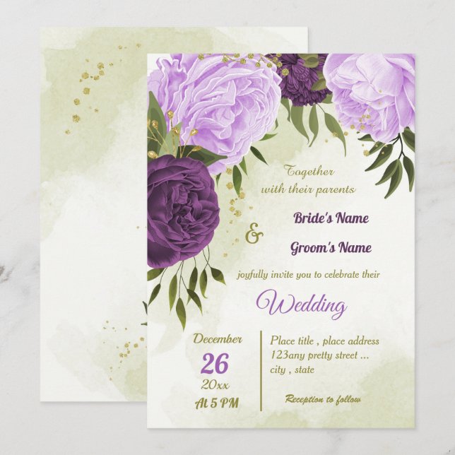 Invitation fleurs violettes feuilles vertes mariage (Devant / Derrière)