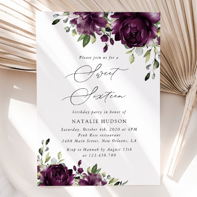 Invitation Fleurs violettes, Fleurs de prune, Boho, Sweet 16 (Créateur téléchargé)
