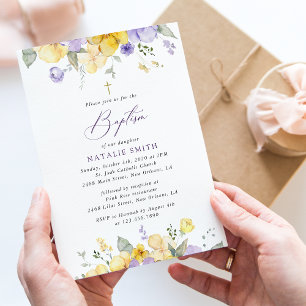 Invitation Fleurs violettes, Fleurs jaunes, Bohème, Baptême