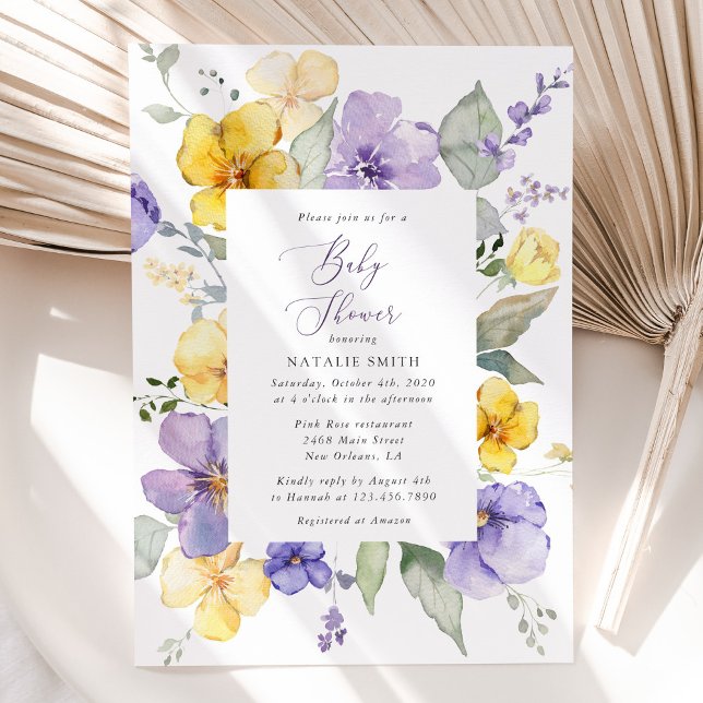 Invitation Fleurs violettes, Fleurs Jaunes, Boho, Baby shower (Créateur téléchargé)
