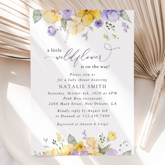 Invitation Fleurs violettes, Fleurs Jaunes, Boho, Baby shower (Créateur téléchargé)