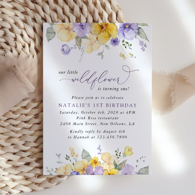 Invitation Fleurs violettes, Fleurs Jaunes, Premier Anniversa (Créateur téléchargé)