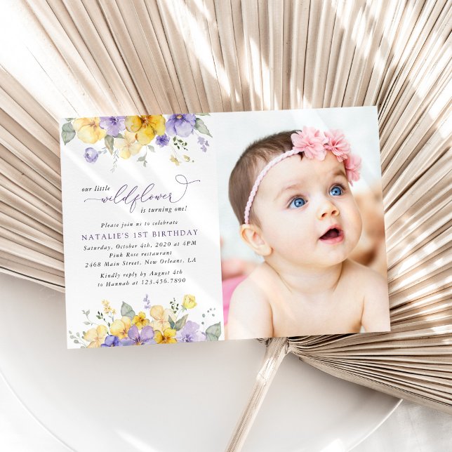 Invitation Fleurs violettes, Fleurs Jaunes, Premier Anniversa (Créateur téléchargé)