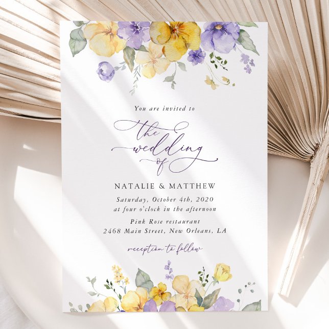 Invitation Fleurs violettes, Fleurs Jaunes, Verdure, Mariage (Créateur téléchargé)