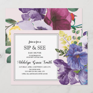 Invitation Fleurs violettes jaunes roses pour une baby shower