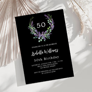 Invitation Fleurs violettes lavande blanche noire anniversair