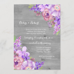 Invitation Fleurs violettes Lilac en bois gris Vow renouveau