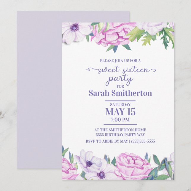 Invitation Fleurs violettes Lilac Sweet sixteen fête d'annive (Devant / Derrière)