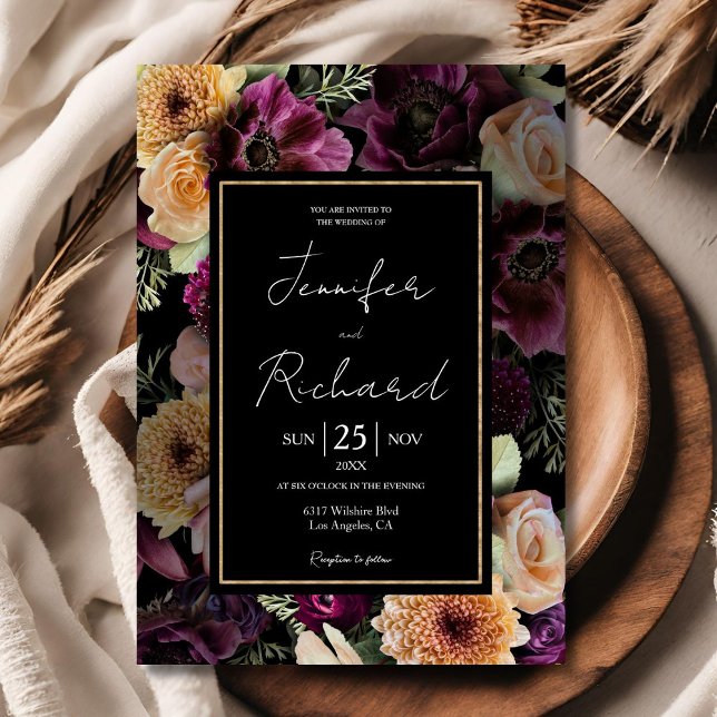 Invitation Fleurs violettes Mariage foncé Moody Gold Noir (Créateur téléchargé)