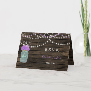 Invitation Fleurs violettes Mason Jars Grange Mariage en bois