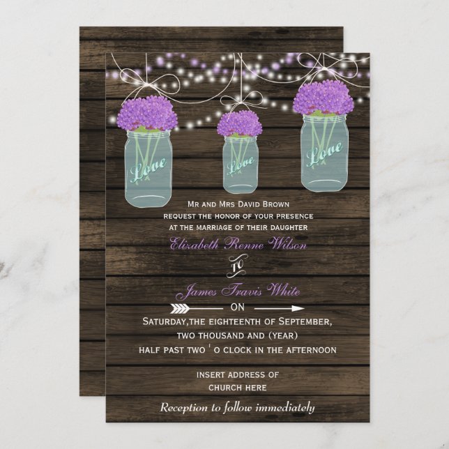Invitation Fleurs violettes Mason Jars Grange Mariage en bois (Devant / Derrière)