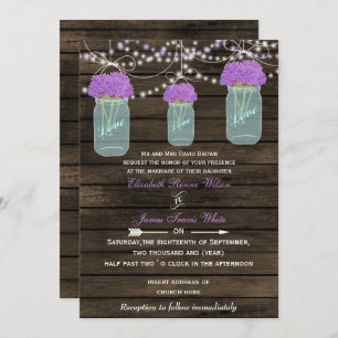 Invitation Fleurs violettes Mason Jars Grange Mariage en bois