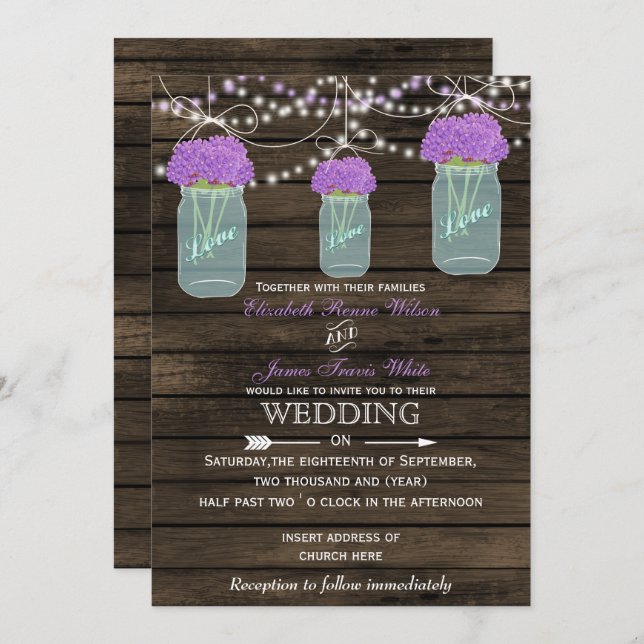 Invitation Fleurs violettes Mason Jars Grange Mariage en bois (Devant / Derrière)
