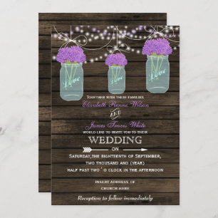 Invitation Fleurs violettes Mason Jars Grange Mariage en bois