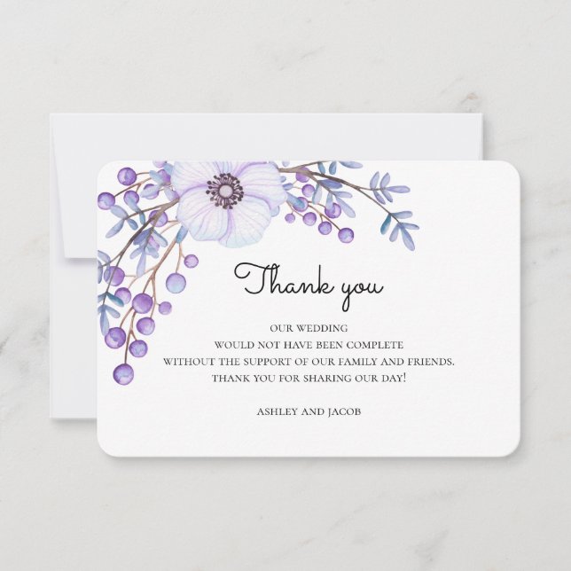 Invitation Fleurs violettes merci. Note du mariage botanique (Devant)