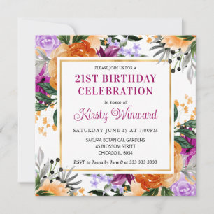 Invitation Fleurs violettes, orange et noires pour un anniver