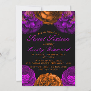 Invitation Fleurs violettes orange Halloween Sweet 16