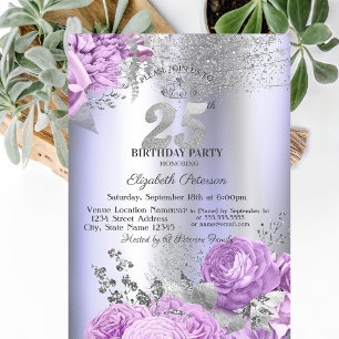 Invitation Fleurs Violettes Paillettes Lilas 25e Anniversaire