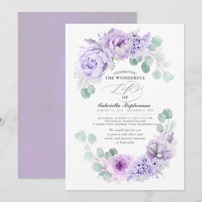 Invitation Fleurs violettes pâles et poussiéreuses obsèques é (Devant / Derrière)