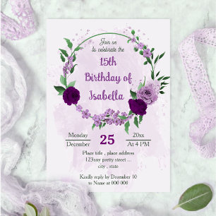 Invitation Fleurs violettes romantiques anniversaire de verdu