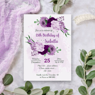 Invitation Fleurs violettes romantiques anniversaire de verdu