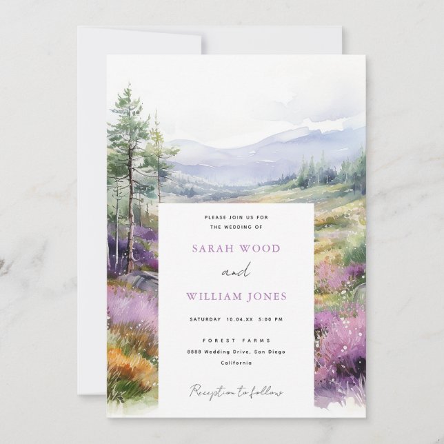 Invitation Fleurs violettes romantiques et Mariage forestier (Devant)