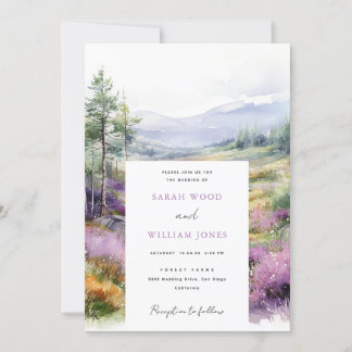 Invitation Fleurs violettes romantiques et Mariage forestier