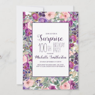 Invitation Fleurs violettes rose pastel pour 100e anniversair