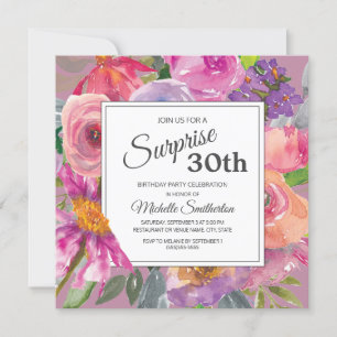 Invitation Fleurs violettes roses 30e anniversaire surprise