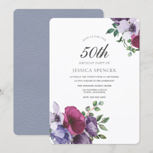 Invitation Fleurs violettes roses Aquarelle 50e anniversaire