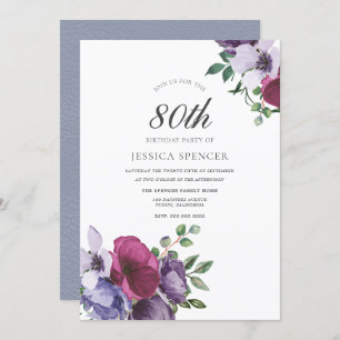 Invitation Fleurs violettes roses Aquarelle 80e anniversaire