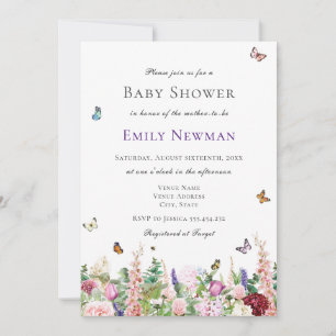 Invitation Fleurs violettes roses avec Baby shower de papillo