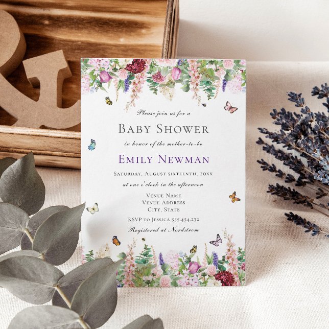 Invitation Fleurs violettes roses avec Baby shower de papillo (Créateur téléchargé)